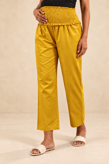 Mustard Gold Glace Shine Cotton High Rise Maternity Pant