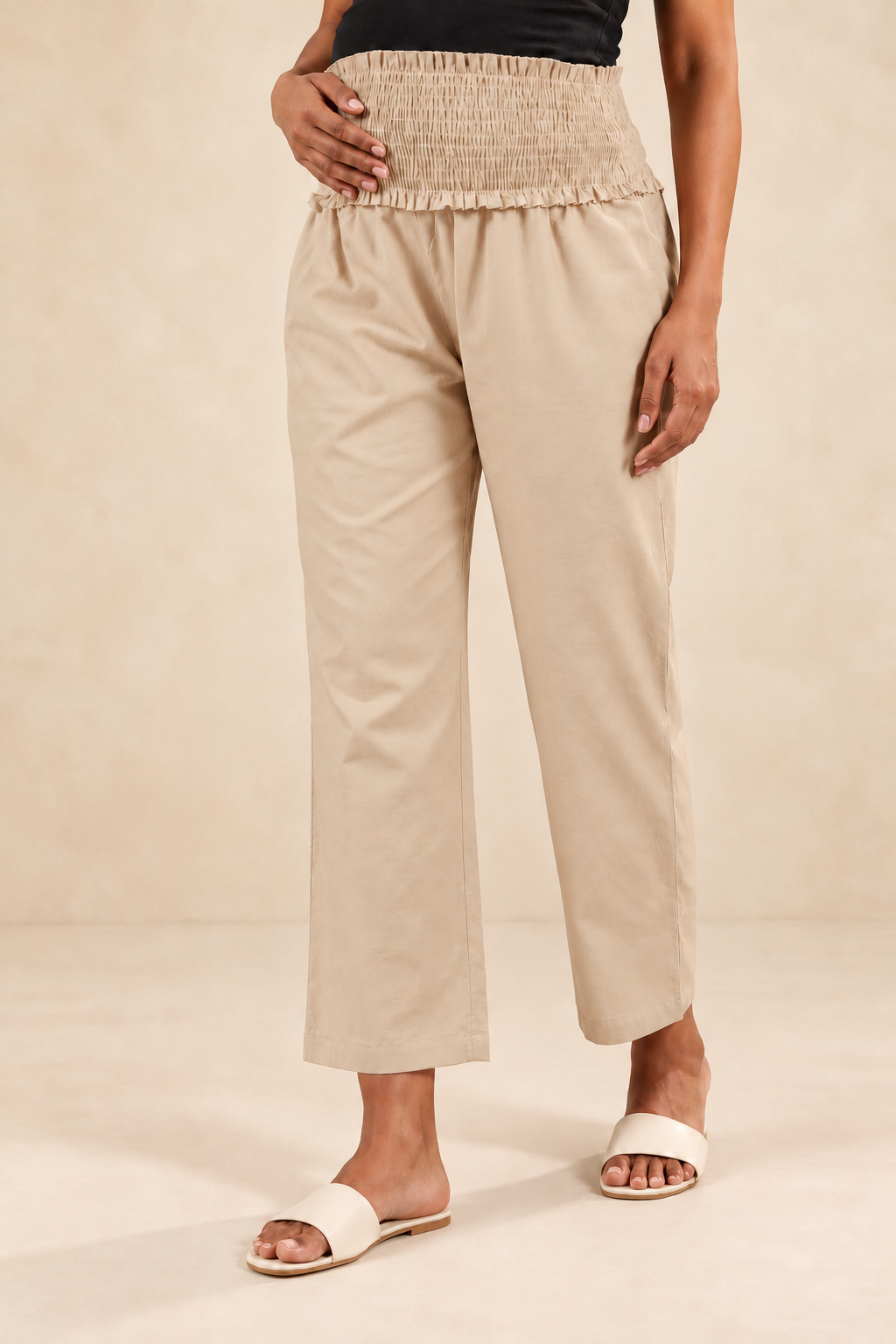 Beige Cambric Cotton High Rise Maternity Pant