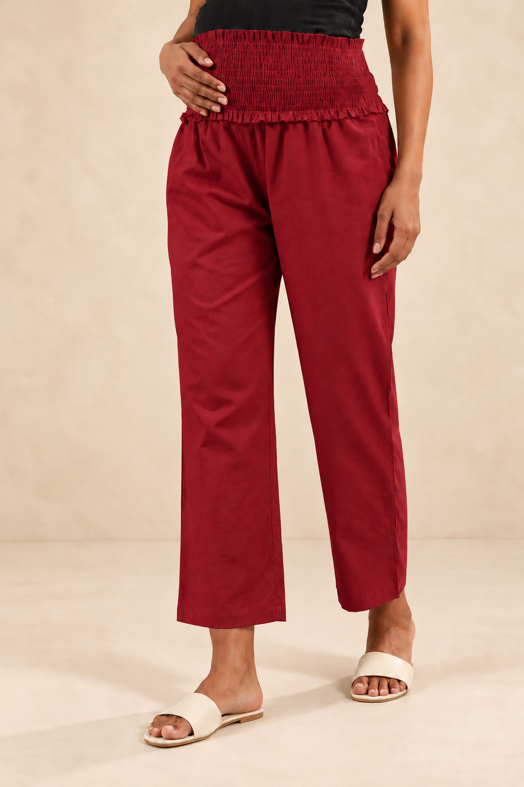 Deep Red Cambric Cotton High Rise Maternity Pant