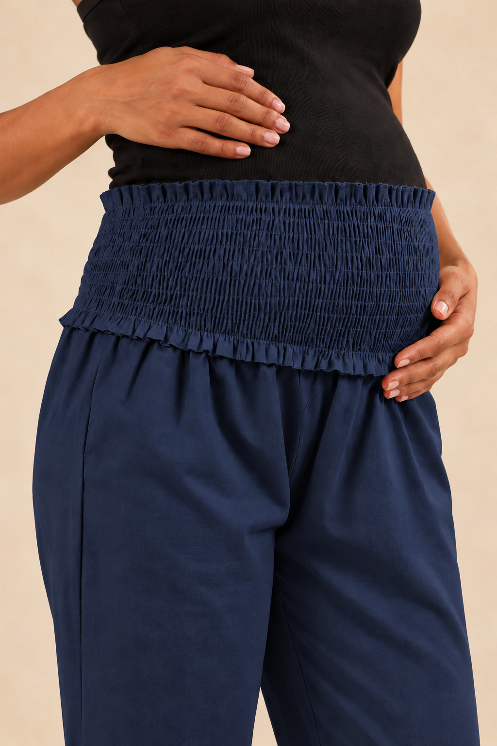 Navy Blue Cambric Cotton High Rise Maternity Pant