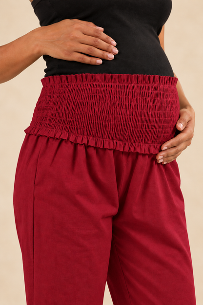 Deep Red Cambric Cotton High Rise Maternity Pant